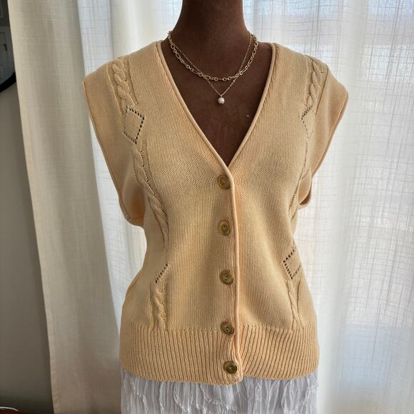 90s Vintage Yarn Works 100% Cotton V Neck Cable Knit Sweater Vest Gold Buttons M - Picture 3 of 6